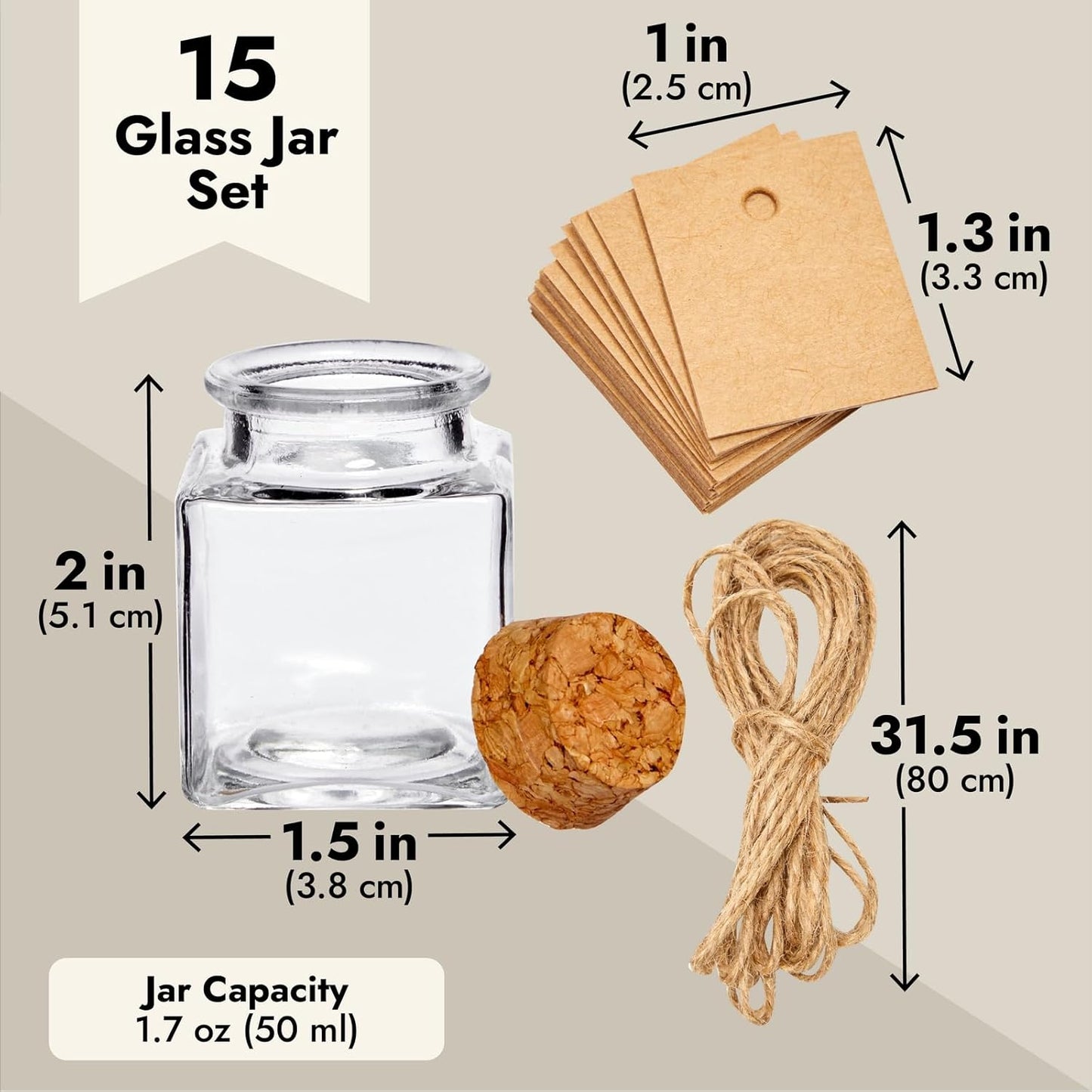 BLUE PANDA 15 Pack Small Glass Bottles with Cork Stoppers - Mini Jars with Cork Lids, Twine, and Blank Tags for Crafting & Spices - Small Bottles 1.7 Oz (50ml)