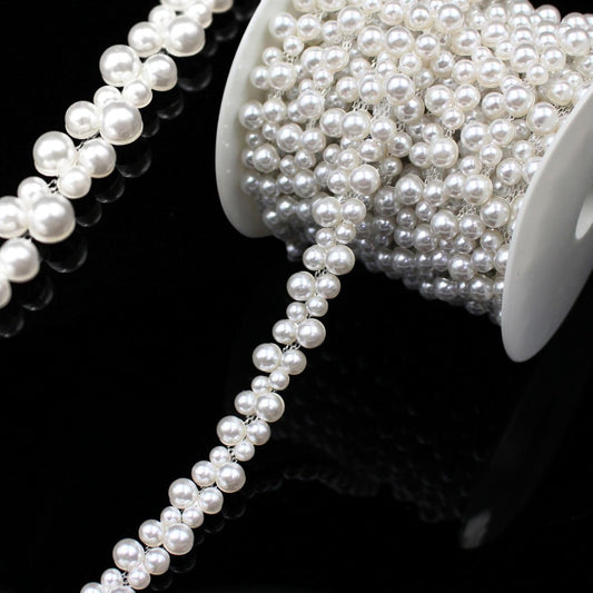 2 Yard Pearl Trim Chain String Silver Applique Fringe Ribbon Strips Beads Sewing Dress DIY Party Wedding Bouquet for Decoration Bridal Costume Embellishment