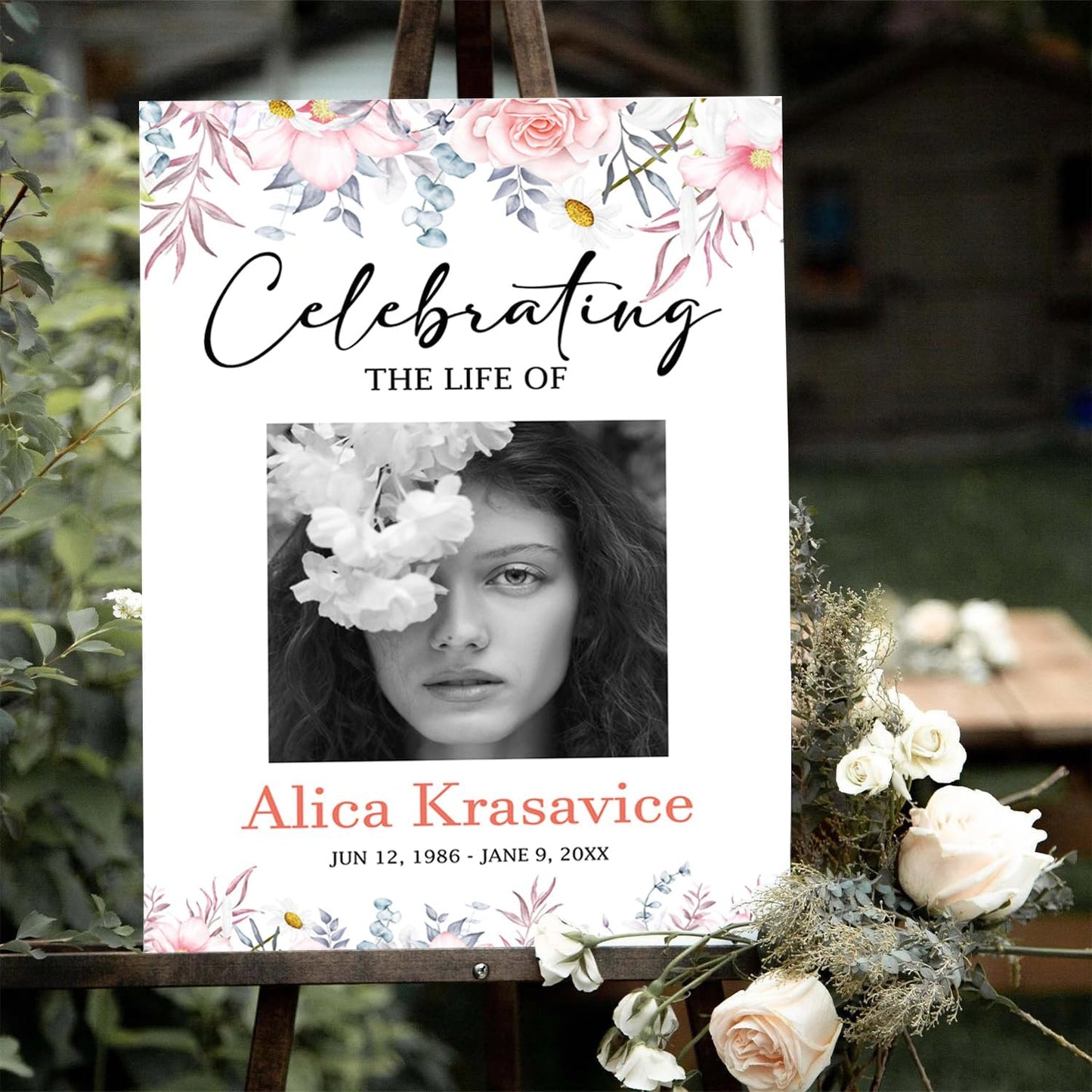 Greenery Funeral Welcome Sign, Celebration of Life Decoration, Large Funeral Sign, Memorial Sign, Funeral Décor, Obituary, Funeral Program, Blush Pink Rose Funeral Welcome Sign, #Version 07
