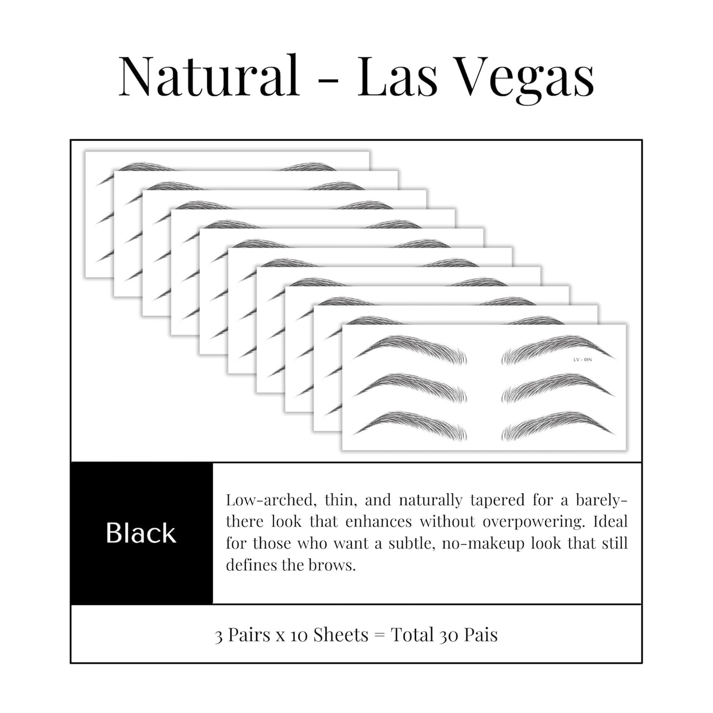 Bliss and Beyond USA Eyebrow Tattoo Stickers Waterproof – 30-Pair Deluxe Box | Realistic Hair-Like Temporary Brows for Alopecia, Cancer, and Hair Loss (Black, Natural Las Vegas)