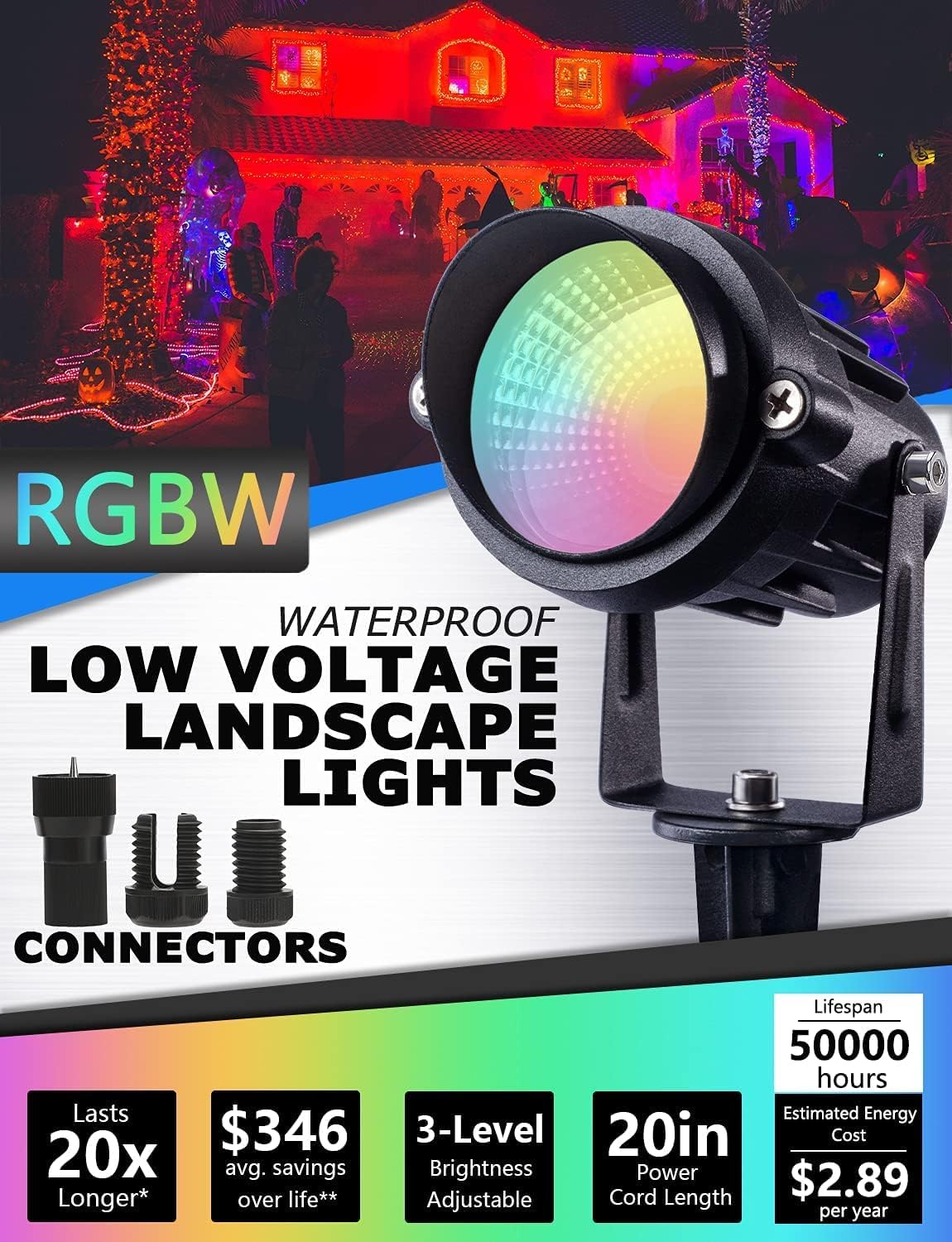 SUNVIE 24 Pack Halloween RGBW Low Voltage Landscape Lights 12W LED Color Changing Landscape Lighting with Remote Control and Wire Connectors, AC/DC 12V-24V Waterproof Outdoor Spotlight for Yard Garden