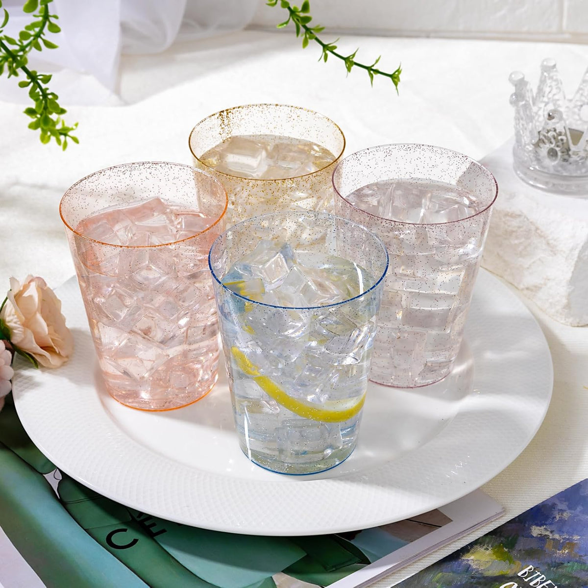 DaYammi 100 Pack 10 Oz Plastic Cups Glitter Disposable Cups in Assorted Colors,Plastic cup with 4 Colors, Disposable Wine Glasses Heavy Duty disposable Tumblers Drinking Cocktail Glasses for Party
