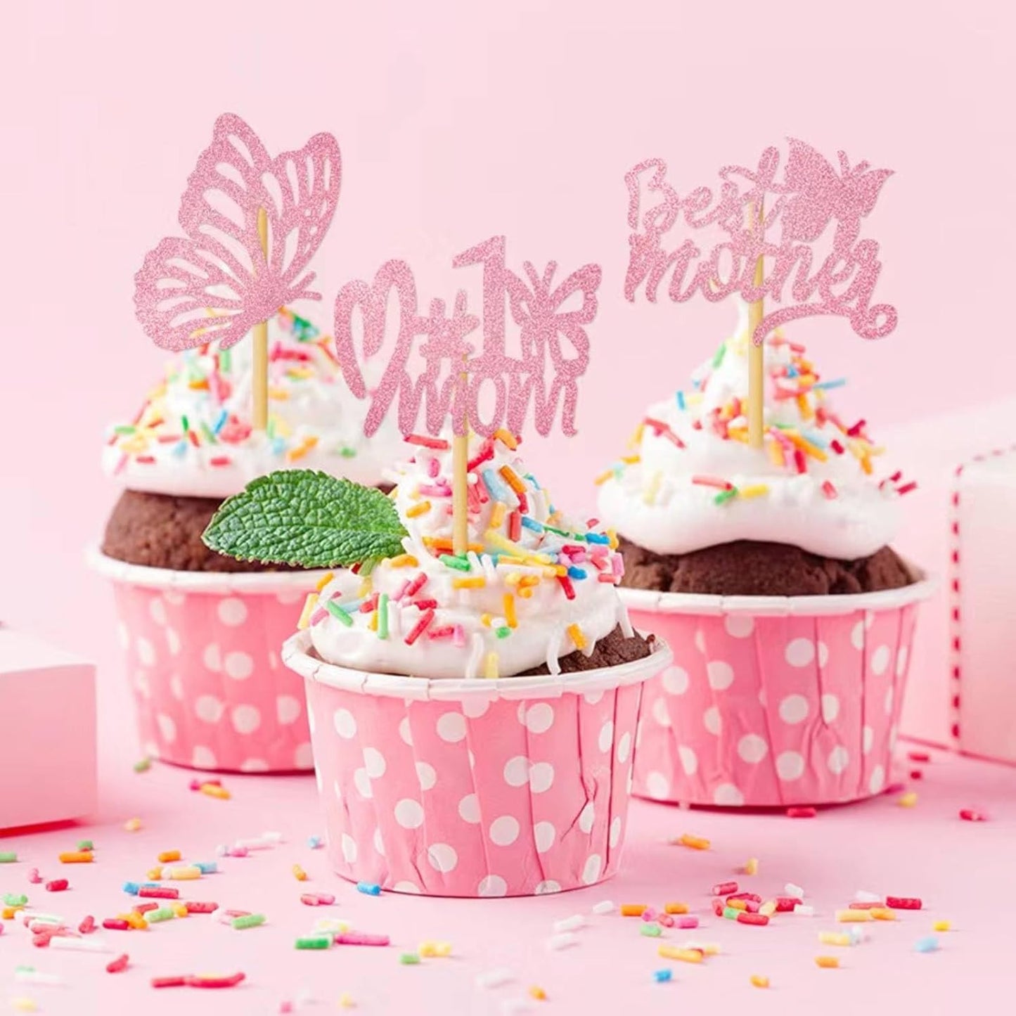 12Pcs Birthday Cupcake Toppers,Pink Glitter Cake Toppers Butterfly Cupcake Picks for Coquette Theme Party Decoration Engagement Wedding Baby Shower Party Cupcake Decor
