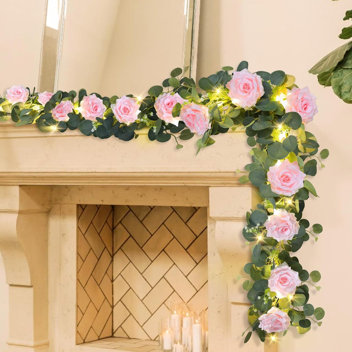 MACTING 4 Pack 26.4FT Eucalyptus Garland with Lights - Spring Gypsophila Flower Garlands with 48 Pink Roses Artificial Floral Greenery Vines for Arch Table Centerpieces Backdrop Party Wedding Decor