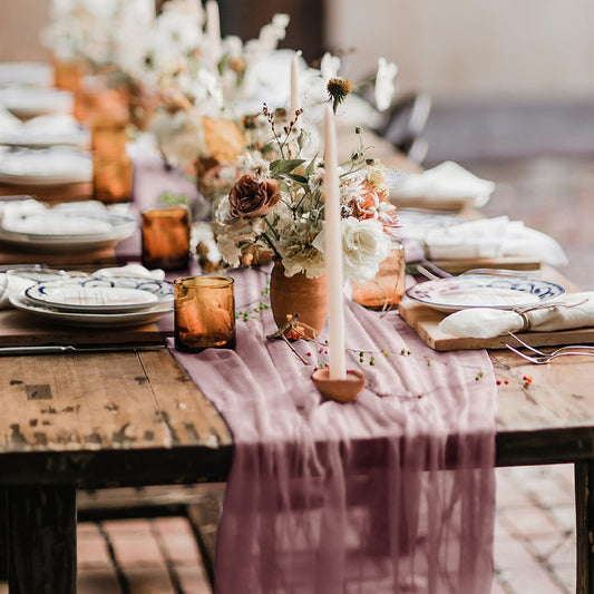 Hahuho Dusty Pink Cheesecloth Table Runner 10ft, Gauze Boho Rustic Table Runners for Wedding Birthday Party Baby Shower Decorations（1 Pack , 35x120 Inches）
