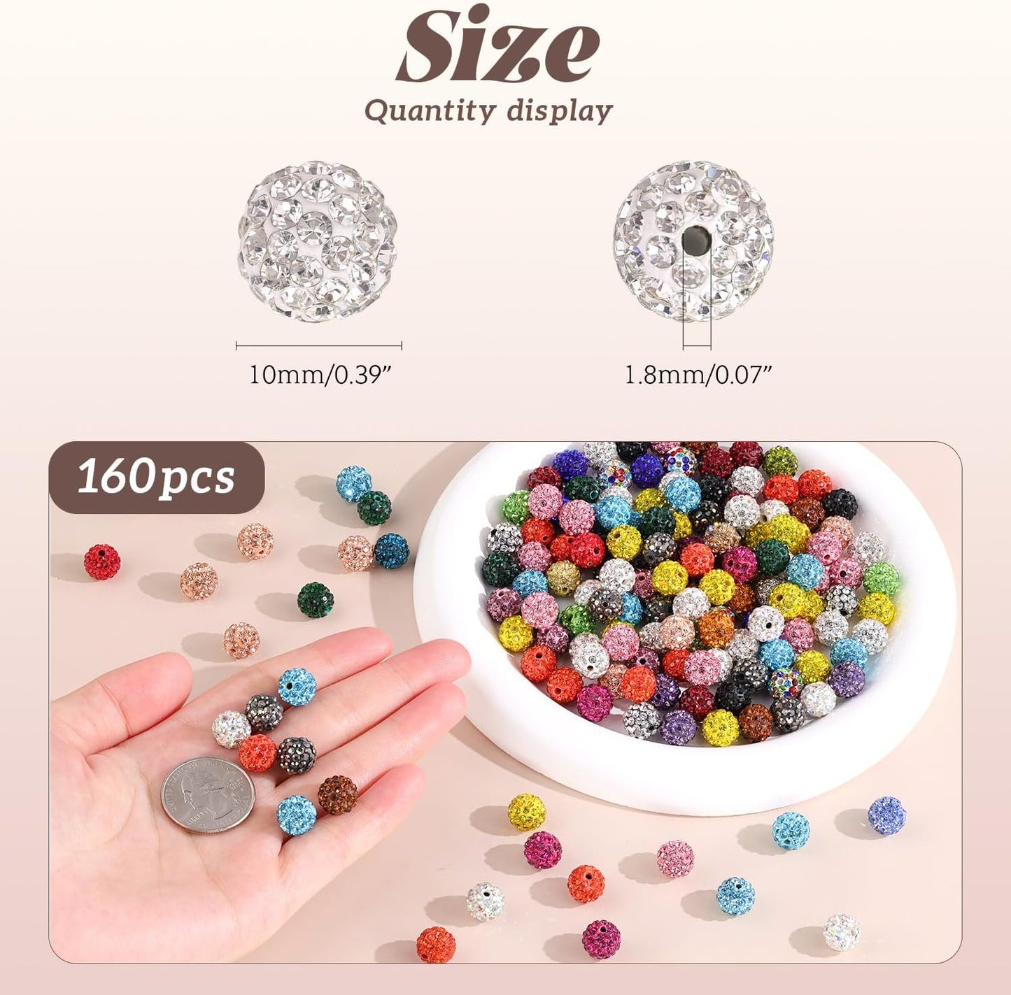 160pcs 10mm Rhinestone Beads for Jewelry Making, Black White Shiny Round Disco Ball Beads Bulk, Sparkle Crystal Clay Christmas for Bracelet Baseball Necklace Earring Crafting and DIY