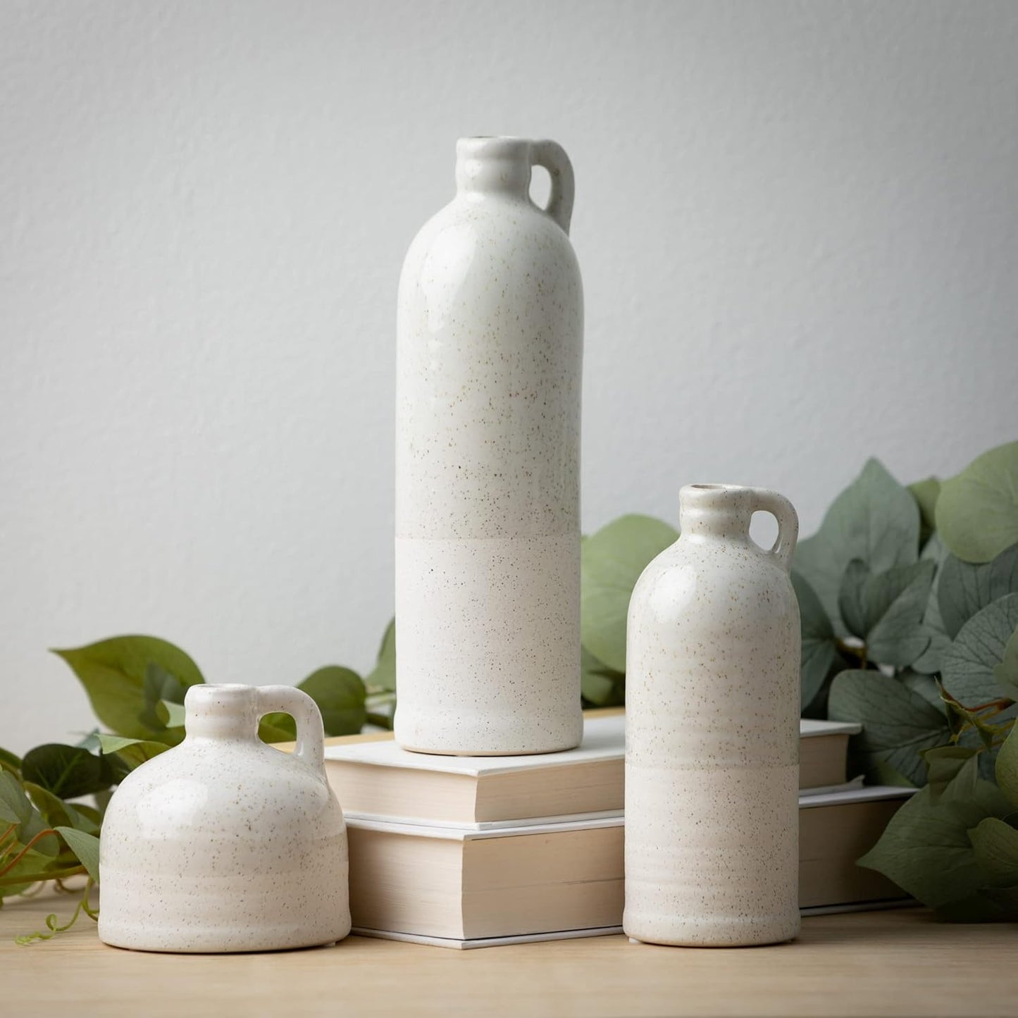 Sullivans Modern Farmhouse Distressed Two-Toned White Small Ceramic Jug Set of Three (3), 4, 7.5, 10” Tall, Crackled Finish Faux Floral Jugs, Distressed Decoration