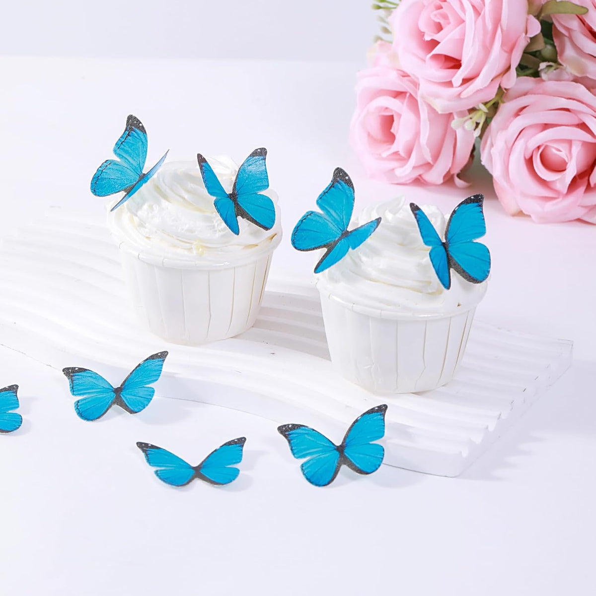 48PCS Blue Edible Butterfly Cake Toppers Wafer Paper Butterflies for Cake Decorations Colorful Small Pastel Cupcake Toppers Decorations for Birthday Party Wedding Cake Decorations