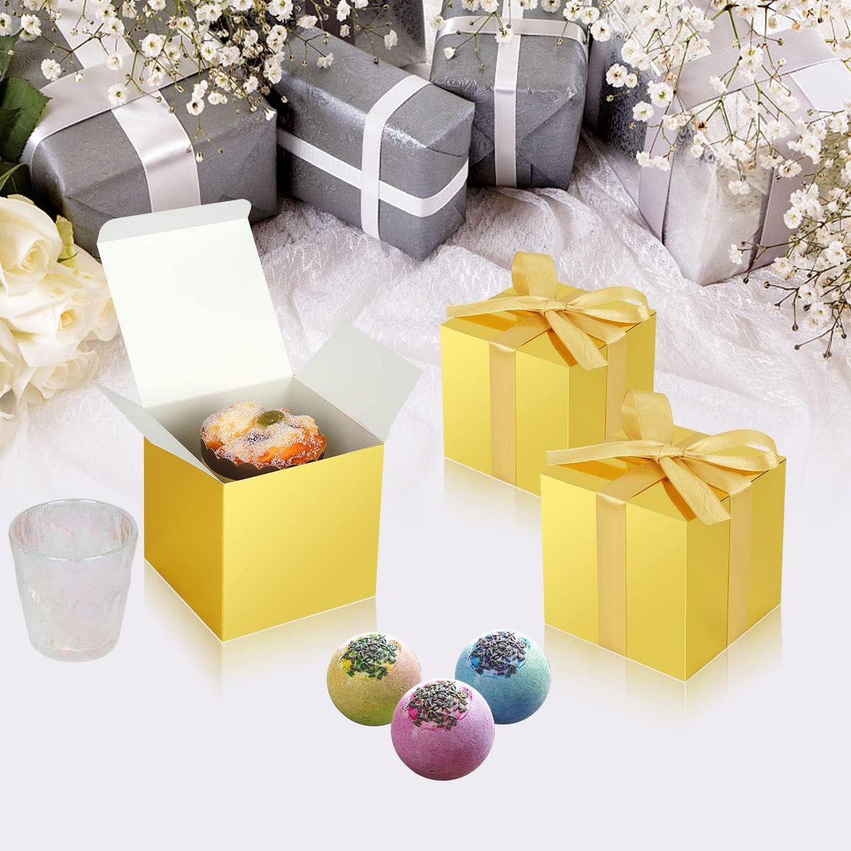 50 Pack Small Gift Boxes, 3x3x3 Favor Boxes Gold Paper Gift Boxes with Lids for Presents, Crafting, Cupcake Boxes, Gifts, Candy Boxes for Wedding Party Bridal Shower Baby Shower Favors