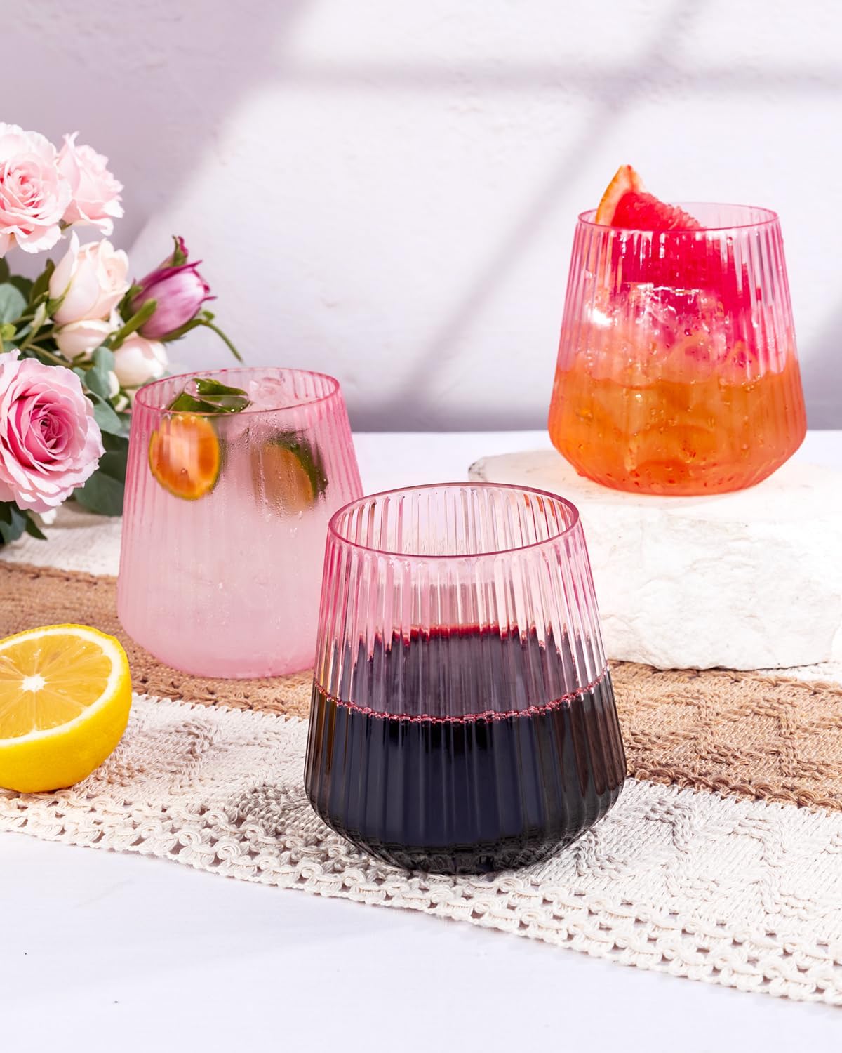30 Pack Pink Plastic Ribbed Wine Glasses, 14 OZ Origami Stemless Disposable Wine Champagne Whiskey Glasses Unbreakable Clear Plastic Cocktail Glasses, Reusable Wine Cups for Party Wedding & Christmas