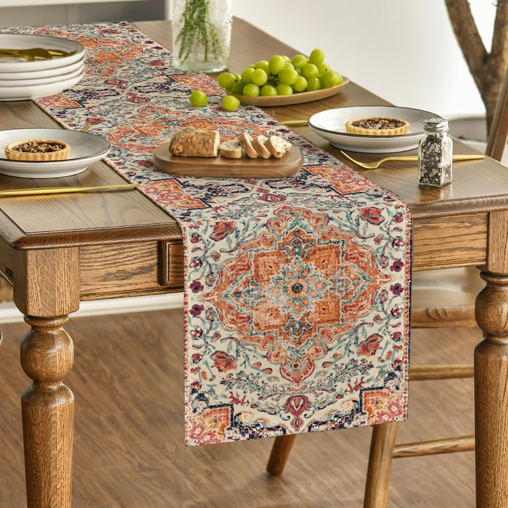 Artoid Mode Boho Bohemia Style Orange Table Runner, Country Rustic Farmhouse Magical Fall Kitchen Dining Table Decoration for Home Party Decor 13x36 Inch