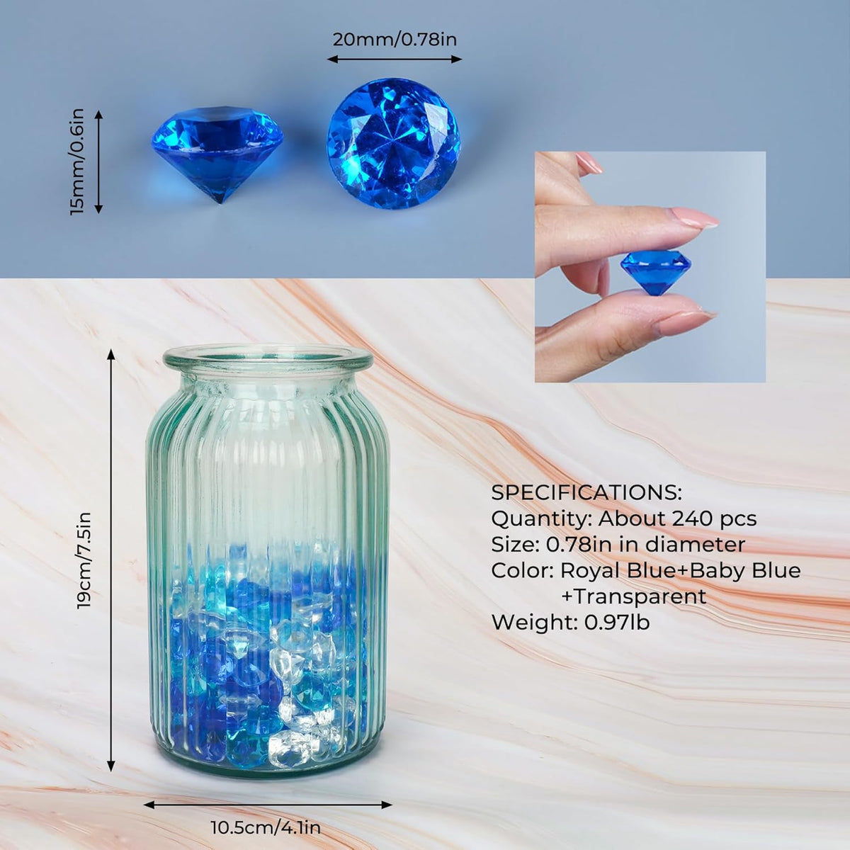 Acrylic Diamond Fake Gems Vase Filler, Babenest 240pcs 3/4 Inch Faux Diamonds Crystals Jewels for Table Scatters Wedding Party Arts & Crafts Birthday Decoration (240, Clear/Rpyal Blue/Baby Blue)