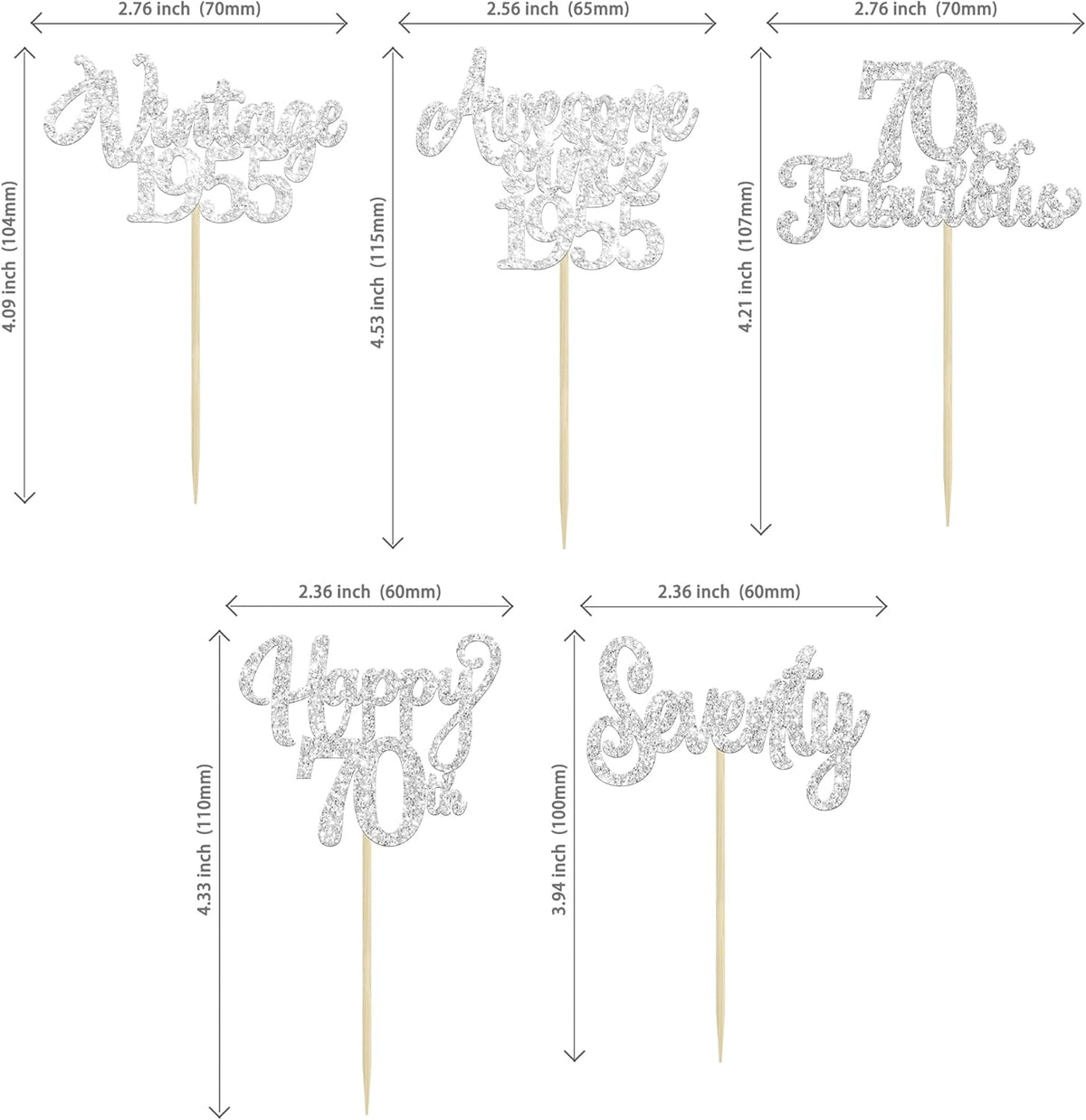 30Pcs Happy 70th Birthday Cupcake Toppers Glitter Seventy Vintage 1955 Cupcake Picks Cheers to 70 Fabulous Cake Decorations for 70th Birthday Wedding Anniversary Party Supplies Silver