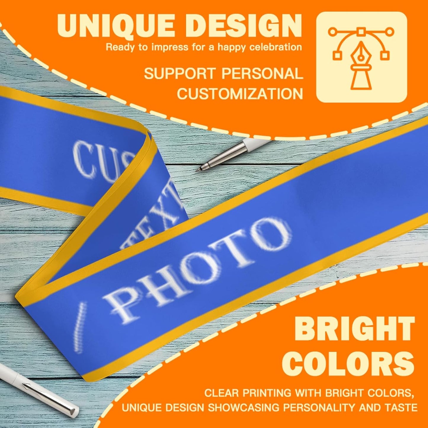 Custom Sash,Personalized Birthday Sash with Text Photo,Customized Bachelorette Sash Quote Sash Bride to Be Sash Color Optional (With decorative edge, Blue)
