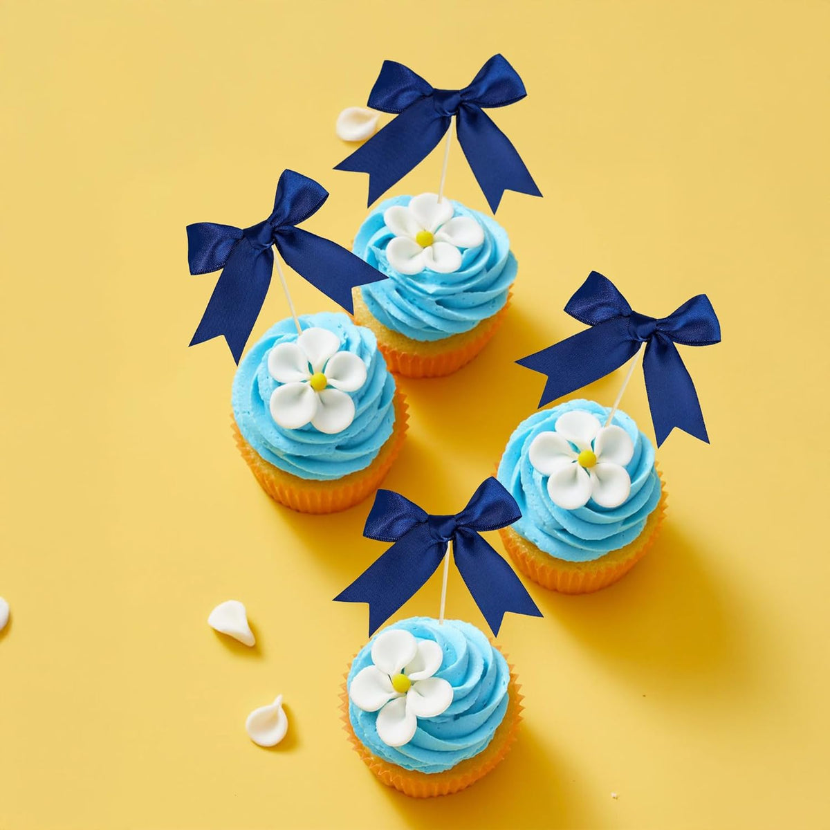 Gyufise 24Pcs Bow Cupcake Toppers Coquette Bow Girls Birthday Cake Decorations Bowknot Cake Toppers Bowknot Cupcake Picks for Baby Shower Birthday Wedding Bridal Engagement Party Supplies Dark Blue