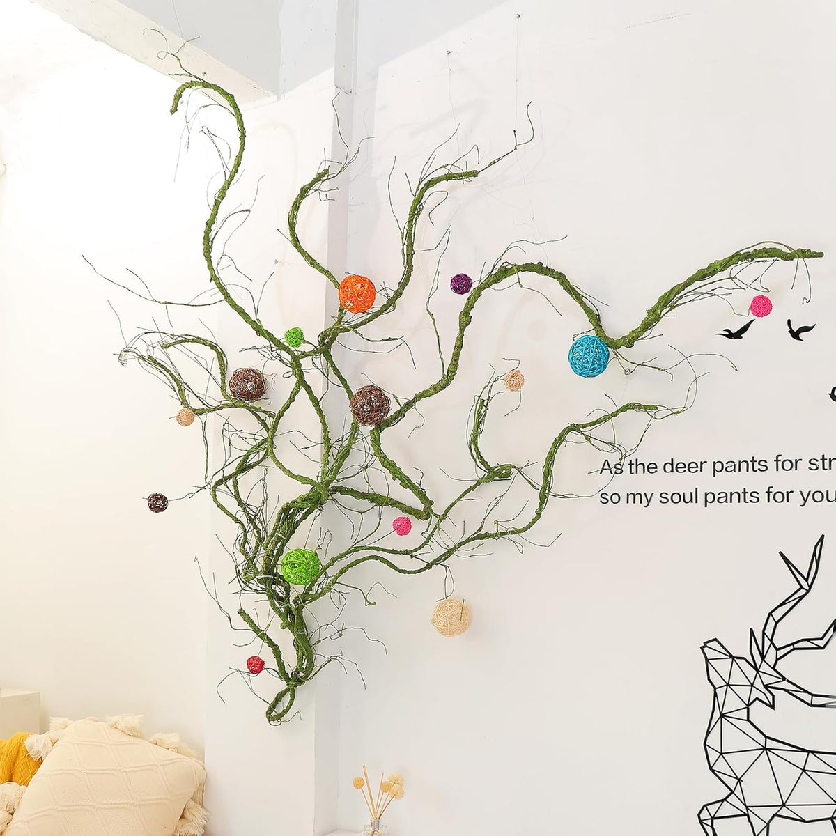 118 inch Small Green Artificial Tree Branches Grapevine Garland Ivy Willow Vines Plants Fake Cherry Blossom Tree Trunk Twigs for Wall Hanging Forest Room Home Wedding New Year Decoration
