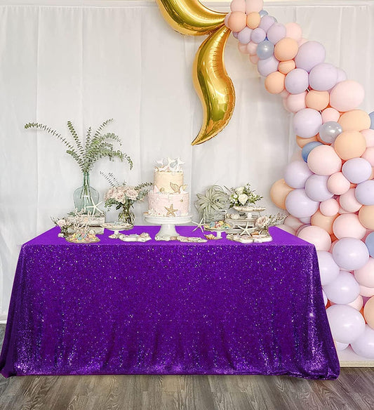 QueenDream Tablecloth 90x156 Rectangle Sequin Tablecloth Purple Wedding Table Linens Glitter Birthday Bridal Party Indoor Outdoor Decorations