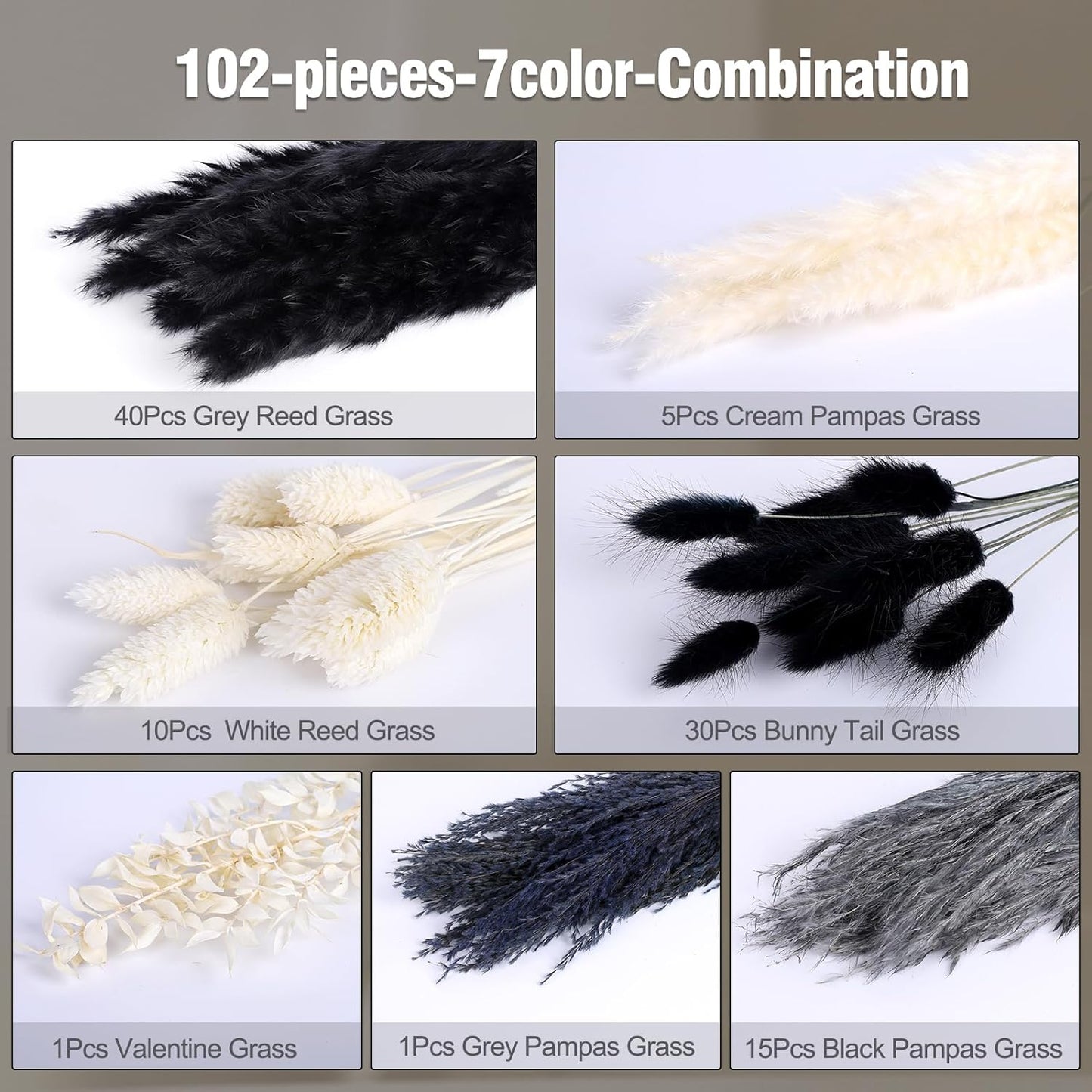 102PCS Black Pampas Grass Decor, Grey White Natural Dried Pampas Grass Bulk, Boho Home Decor Bouquet, Black and White Dried Flowers Decor, Halloween Wedding Floral Arrangements Vases Decorations