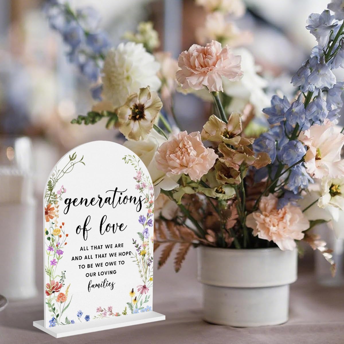 Acrylic Wedding Signs, Generations of Love Signs for Marriage Reception, Bridal Shower Decorations, Modern Arched Round Top Acrylic Table Top Sign with Holder for Wedding Party (White Wildflowers)
