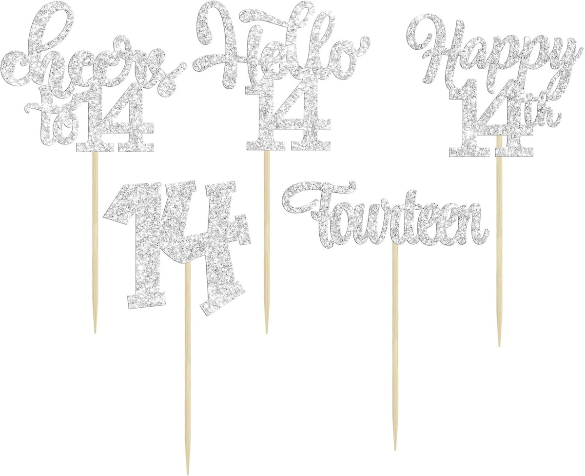 30Pcs 14th Birthday Cupcake Toppers Hello 14 Cupcake Picks Fourteen Cheers to 14 Years Old Cake Decorations for 14th Birthday Anniversary Party Supplies Silver Glitter
