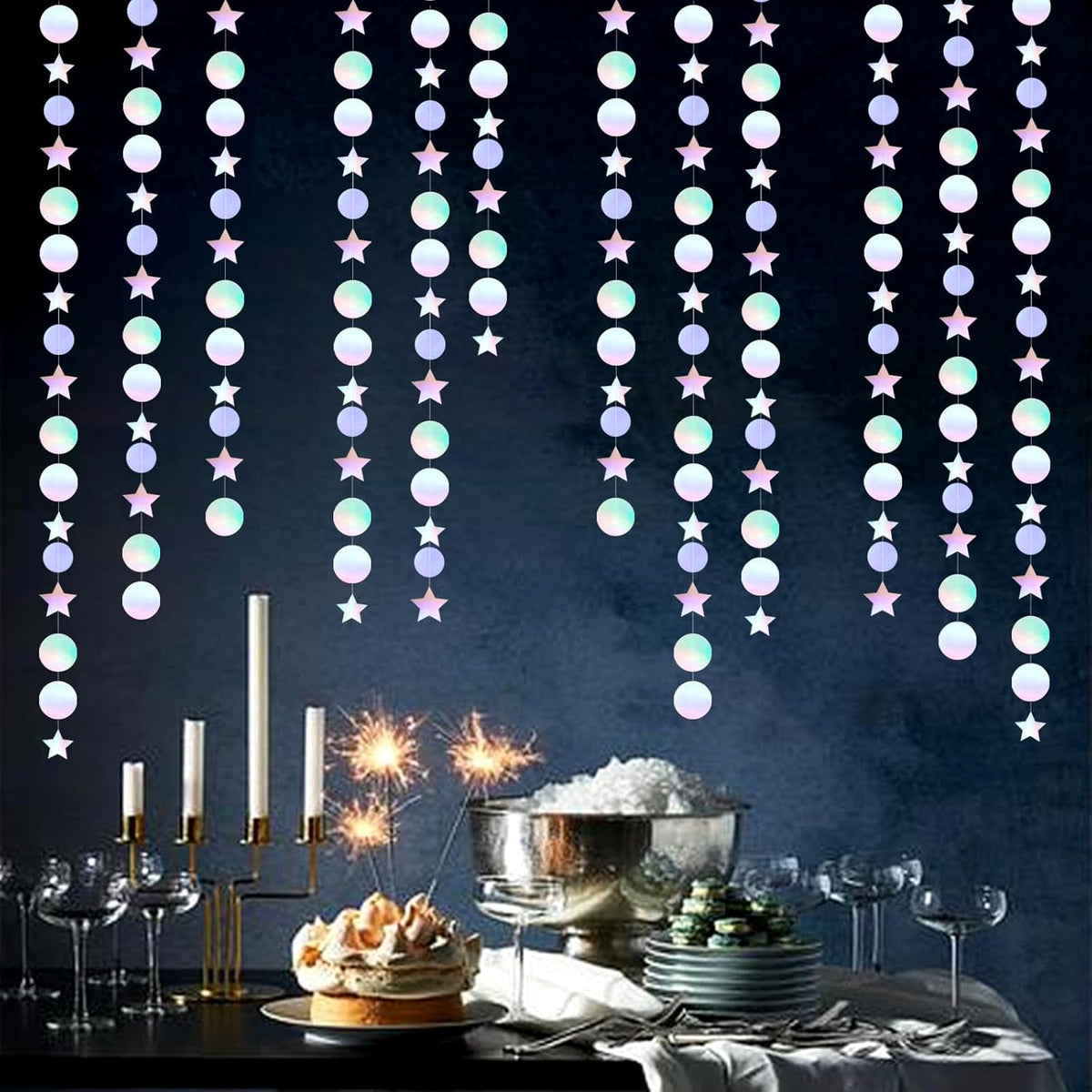 Iridescent Disco-Holographic Birthday Party-Decorations Garland - 52Ft Star Neon Wedding Hanging Paper Streamers Banner,Christmas Bachelorette Baby Bridal Shower Engagement Decor Ouruola
