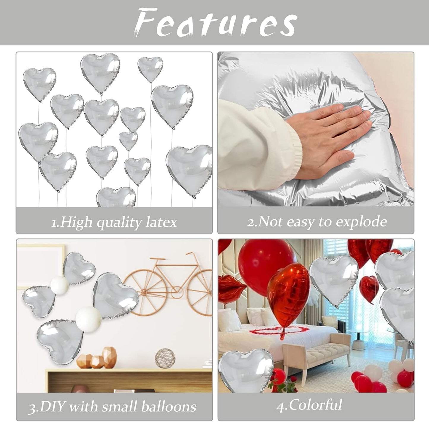 Biapian Silver Foil Heart Balloons, 10PCS Silver Heart Shape Balloons, Valentines Balloons 18inch Love Foil Balloons for Helium Birthday Decorations for Valentines Day, Wedding, Brithday, Baby Shower