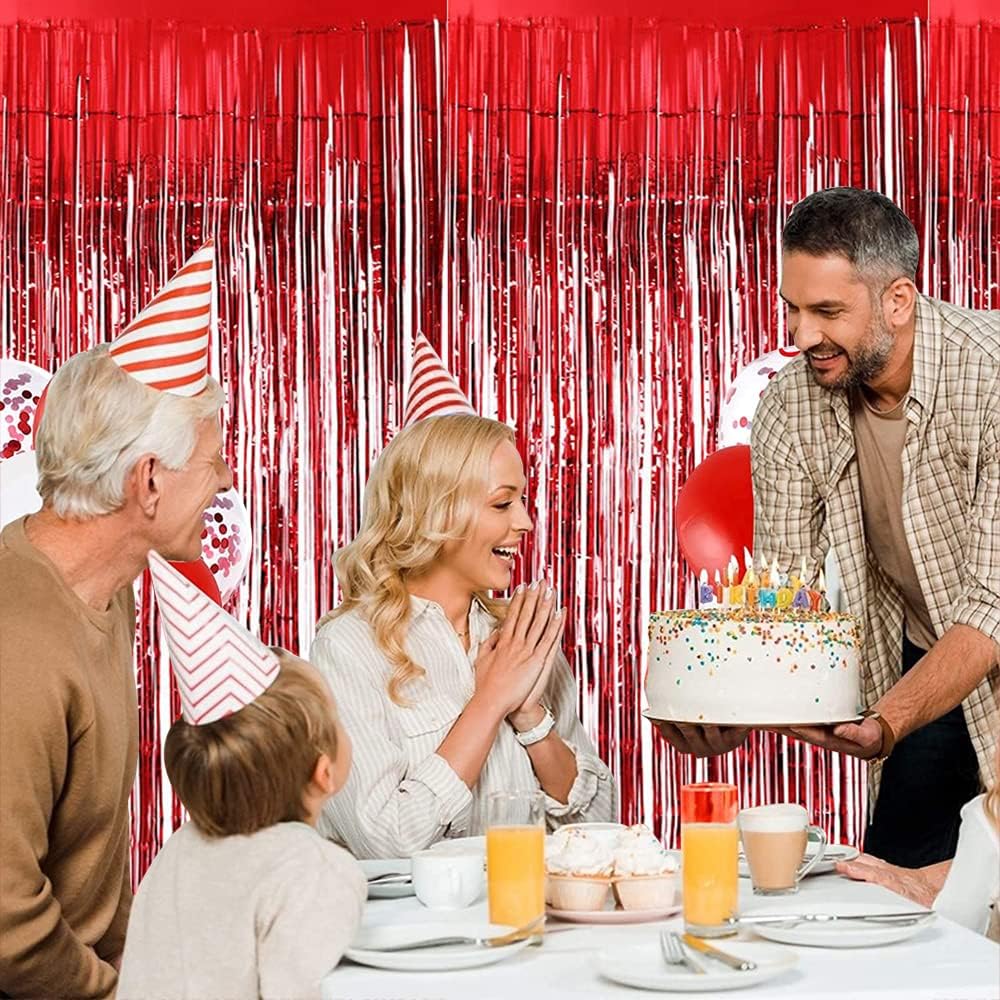 BEISHIDA 2 Pcs Red Door Streamers Tinsel Curtain Party Streamers Backdrop Fringe Foil Wall Background for Birthday Valentine's Day Christmas Wedding Party Decoration(3.28 ft x 6.56 ft)