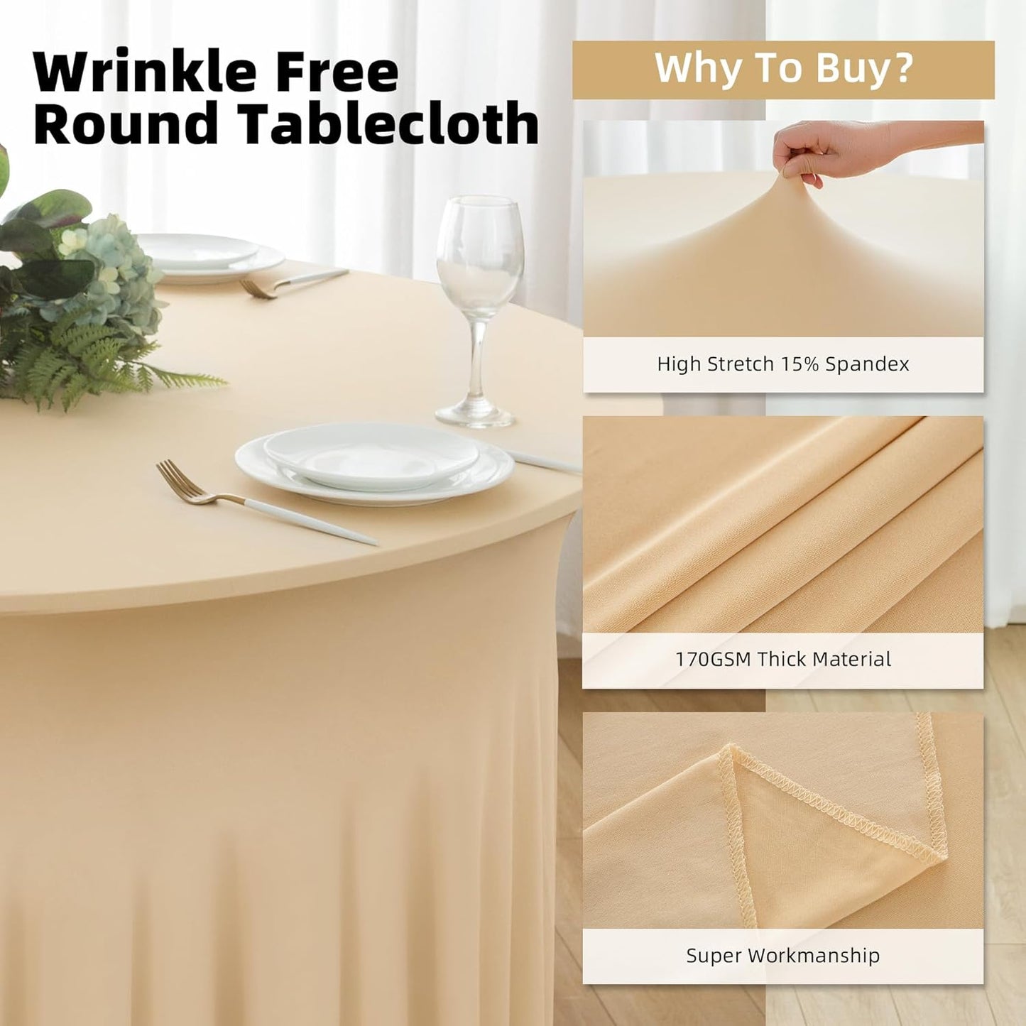 4 Pack Champagne Spandex Round Tablecloths for 60inch Tables,120inch Stretch Fitted 5ft Table Cloth,Wrinkle Free Rund Table Covers with Skirt for Banquet Wedding Birthday Parties
