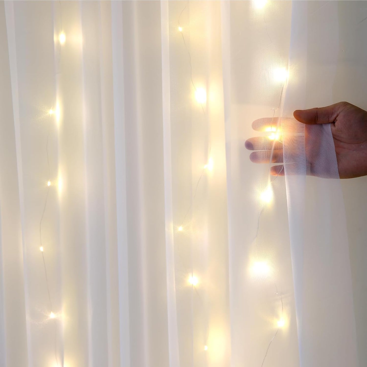 Sheer Backdrop Curtain with Lights String for Parites 20×10ft White Tulle Backdrop Curtain for Wedding Baby Shower Birthday Party Photo Shoot Decorations(4 Panels 5ft×10ft)