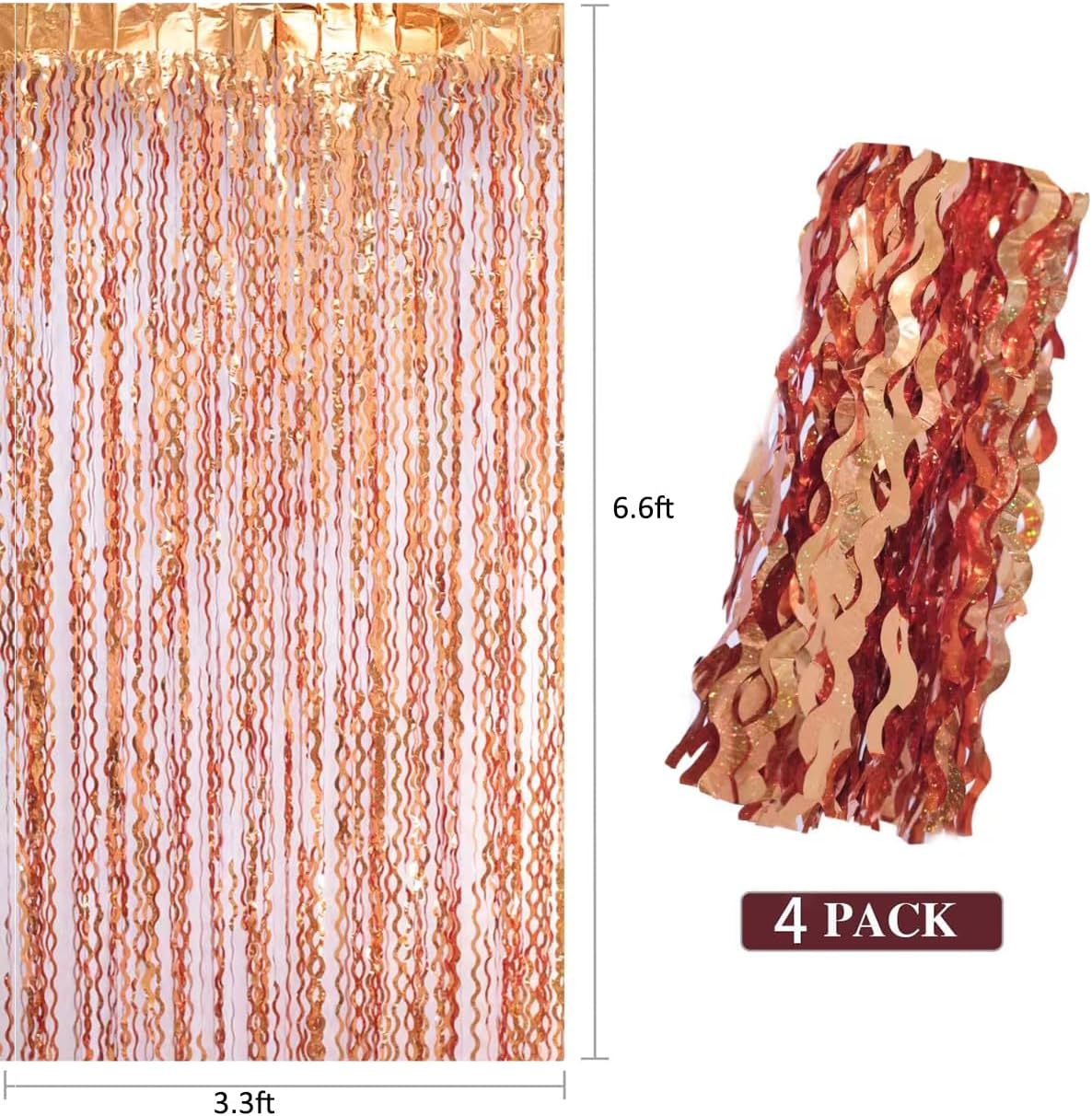 4 Pack 3.3x6.6ft Wavy Orange Foil Fringe Backdrop Curtains -Tinsel Streamers Metallic Foil Fringe Backdrop Door for Halloween, Graduation,Baby Shower,Gender Reveal