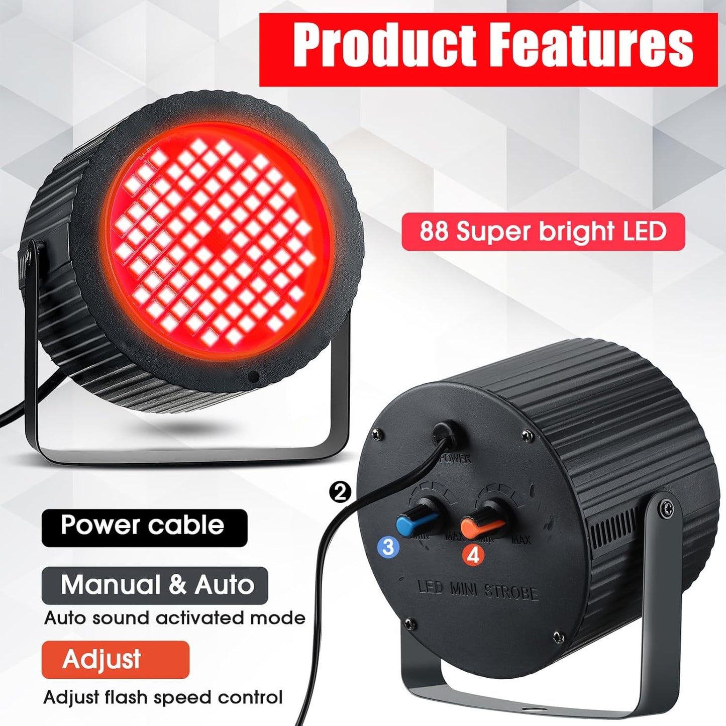 Funtery 2 Pcs Bright White Strobe Light 88 LEDs Flash Party Lighting Speed and Sound Modes Flashing Stage Lights for Christmas Easter Birthday Party Room Dance DJ Bar Karaoke Show Wedding (Red)