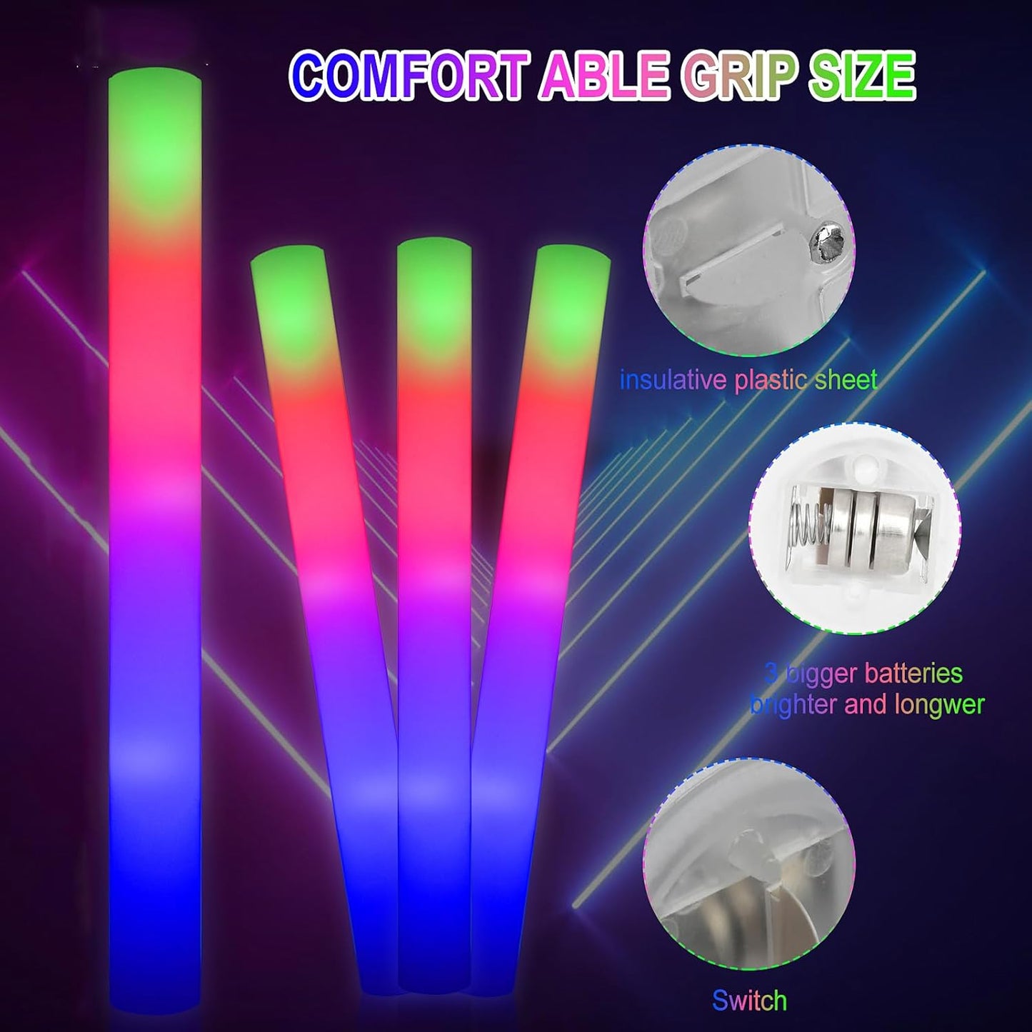 LifBetter 58Pcs Foam Glow Sticks Bulk,Led Glow Sticks with 3 Modes Colorful Flashing,Long Life Battery Glow In The Dark Party Supplies for Weddings,Parties,Festivals,Sporting Events