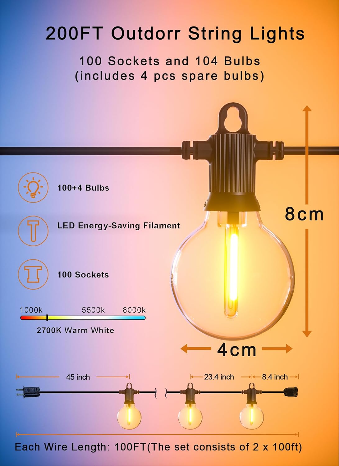 Outdoor String Lights, 200FT Patio Lights with 100 Shatterproof G40 Globe Bulbs(4 Spare), Waterproof Connectable Dimmable LED Hanging String Lights for Outside Backyard Porch Balcony (100FT x 2)