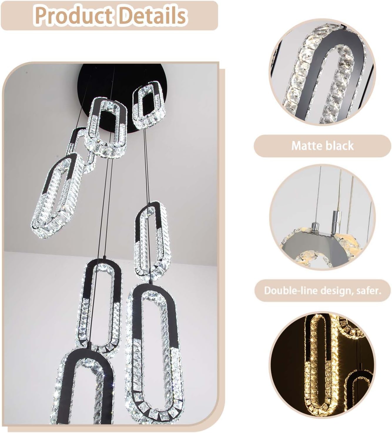 8 Rings Crystal Chandelier,H 118" Modern Black Pendant Light Luxury Foyer Lighting Fixture High Ceiling Chandelier for Entryway,Staircase,Living Room,Villa LED Dimmable 2700K-6000K