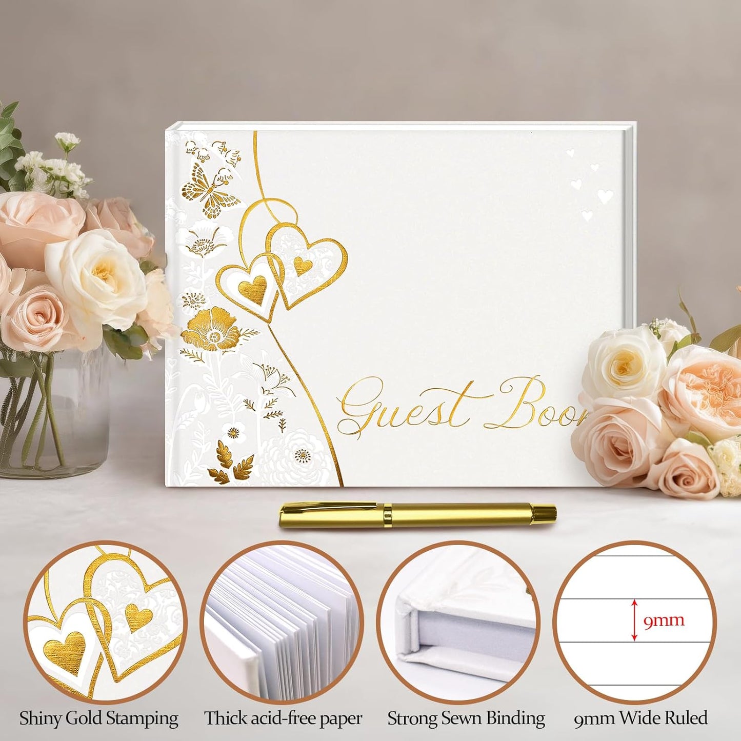FREXISYN Wedding Flower Guest Book 9x7'' - Personalized Photo Guestbook with Pens for Reception, Baby Shower & Birthday [hardcover]
