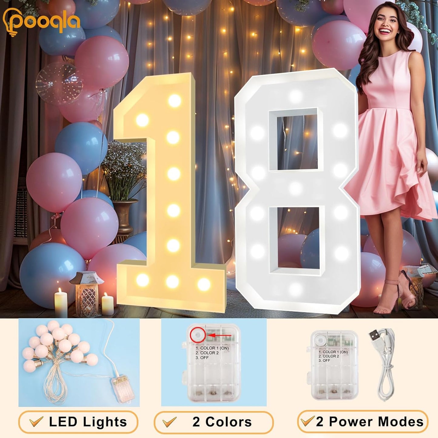 Pooqla 4 FT Light Up Marquee Numbers, Cool White and Warm White LED Large Lighted Marquee Numbers, Giant Mosaic Light Up Numbers for Balloons 3rd 13th 30th Birthday Party Decoration, LED Number 3