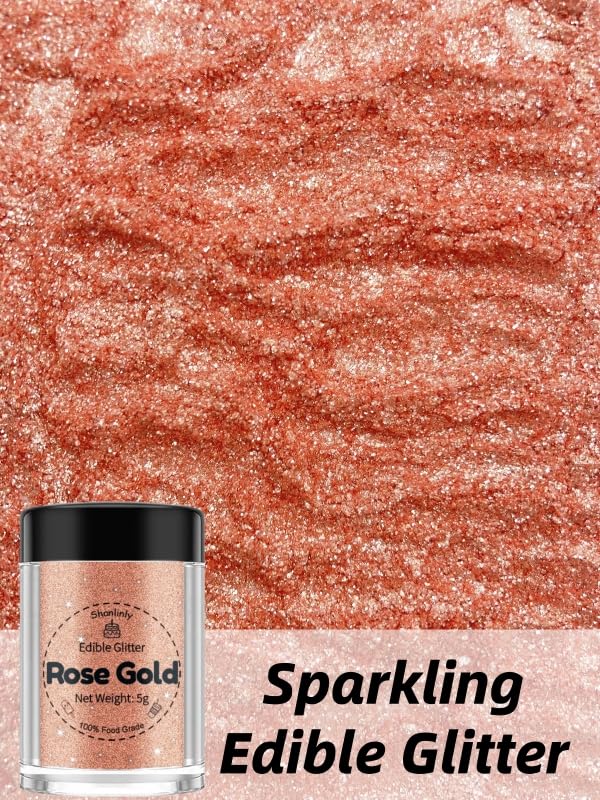 Shanlinly Rose Gold Edible Glitter for Cake Drinks - Food Grade 5g Shimmer Luster Glitter Dust Edible Glimmer Powder for Strawberries, Sprinkle on Sparkle, Chocolate, Cookie, Cupcake, Cocktail, Vegan