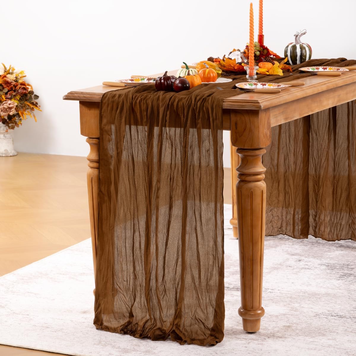 Brown Cheesecloth Table Runner Tan 4 Pack Fall Table Runners Boho Gauze 120 Inches Marron Cheese Cloth Fall Table Decorations for Thanksgiving Wedding Bridal Baby Shower Tea Party Decor