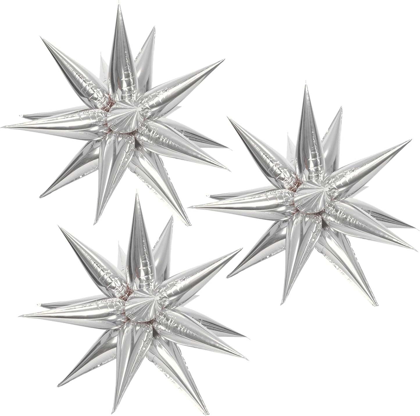 3pcs 26inch 3D Explosion Star foil balloon, Silver Foil Cone Star burst Balloons for Birthday Wedding New Year Party Event