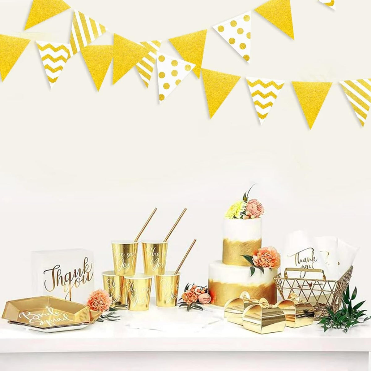 39Ft White and Gold Party Decorations Polka Dot Stripe Triangle Pennant Banner Glitter Foil Paper Flag Bunting Garland for Birthday Graduation Anniversary Wedding Bridal Baby Shower Hen Party Supplies