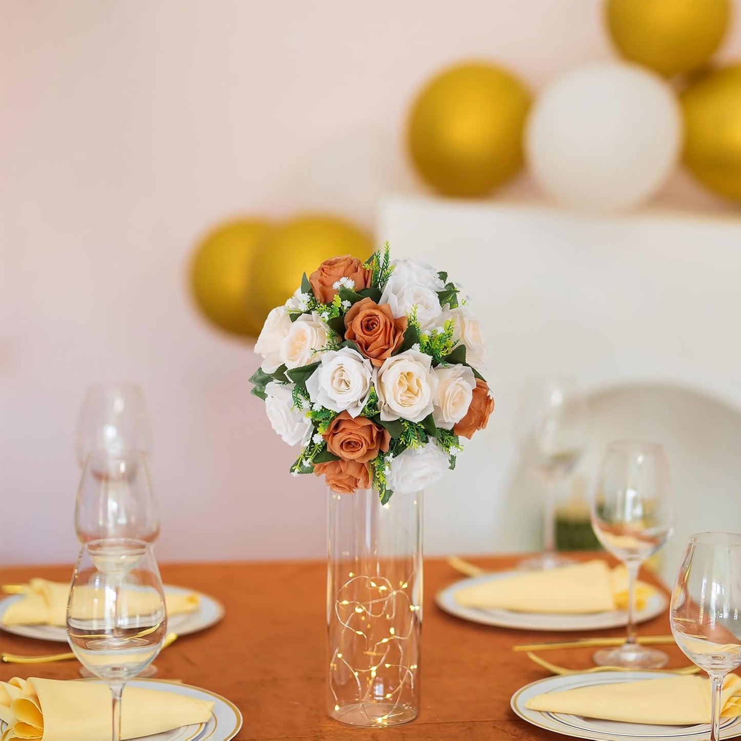 BLOSMON Flower Balls Wedding Centerpieces: 10 Pcs Terracotta Fake Rose Kissing Balls Table Decor - Fall Artificial Silk Bouquet with Base Floral Arrangements Home Party Room DIY Decorations