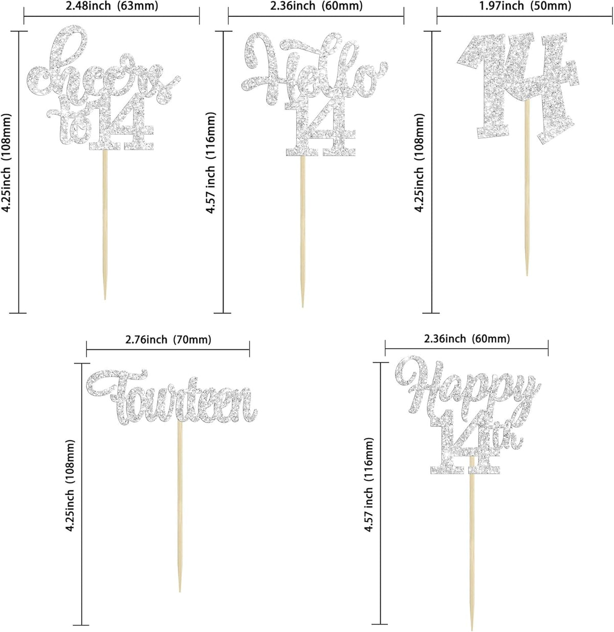 30Pcs 14th Birthday Cupcake Toppers Hello 14 Cupcake Picks Fourteen Cheers to 14 Years Old Cake Decorations for 14th Birthday Anniversary Party Supplies Silver Glitter