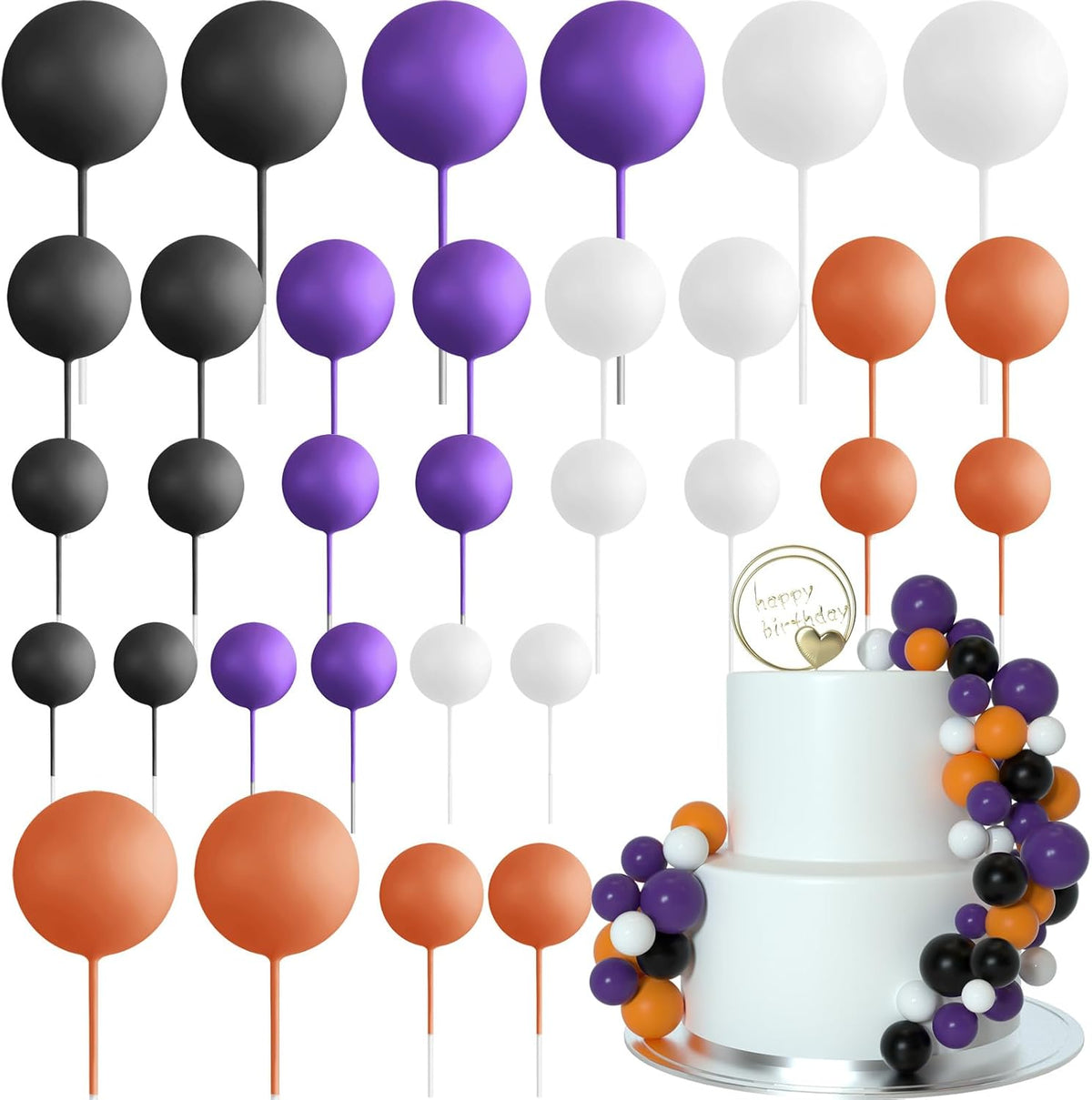 ASTARON 32 Pcs Ball Cake Topper Halloween Decorations Mini Balloons Sticks Foam Balls Birthday Cake Topper Picks Cake Decorations for Halloween Supplies (Orange，Black，Purple)