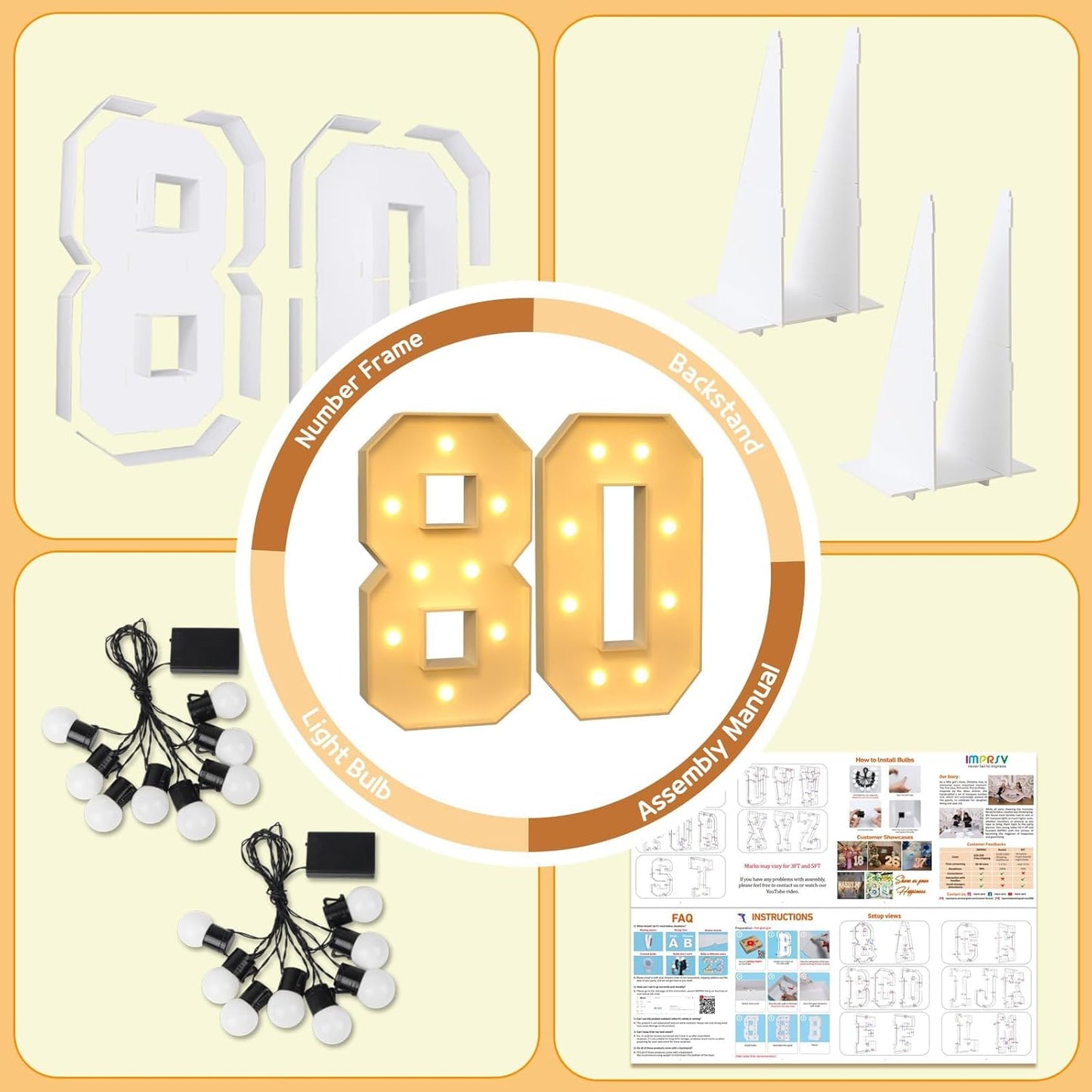 imprsv 3FT Light Up Numbers, Marquee Numbers 80th Birthday Decorations for Women Men, Large Light Up 80 Birthday Women Foam Board Anniversary Party Decorations Arch Kit (DIY)