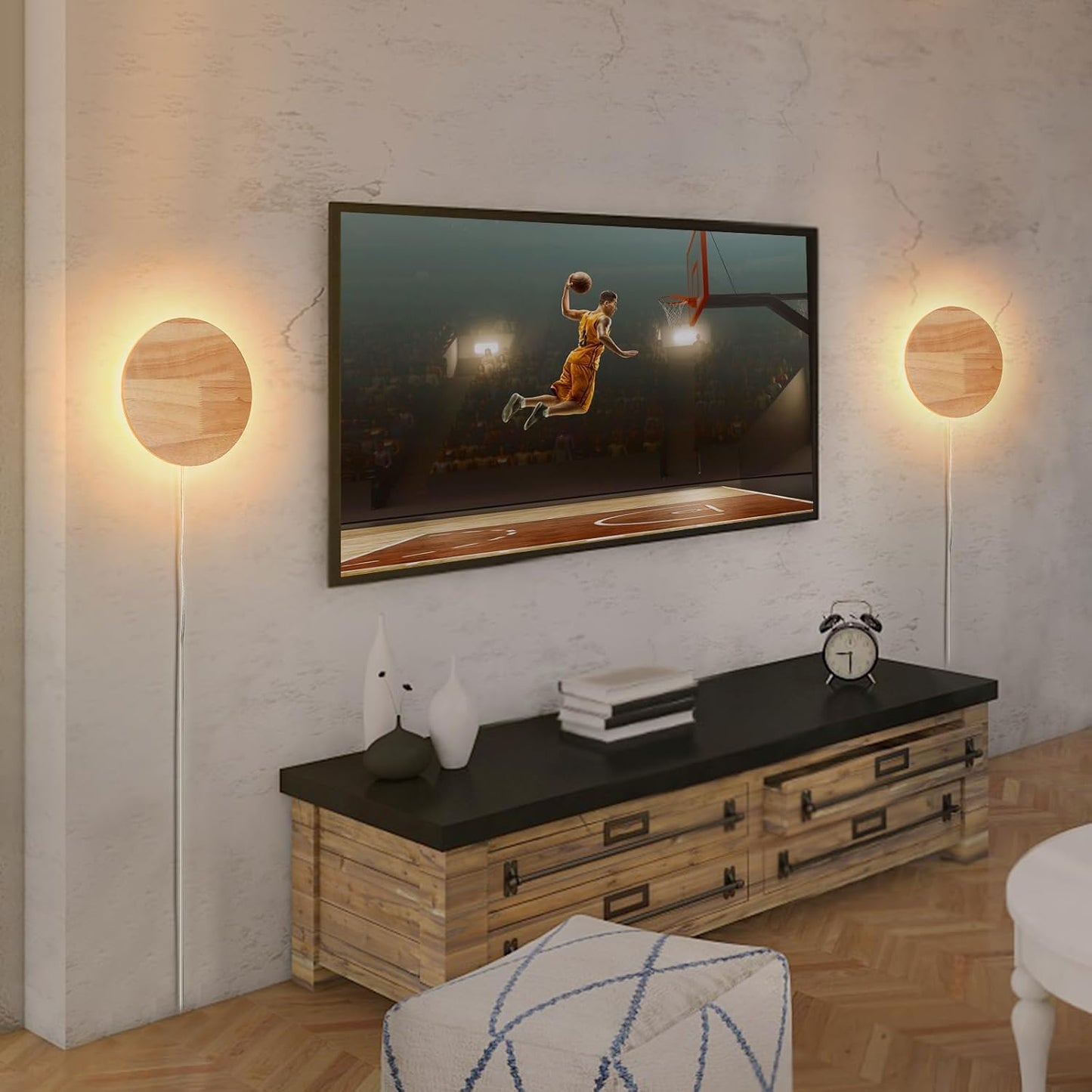 Modern Minimalist Plug in Wall Sconces, Plug-in Or Cordless 11.8'' Round Wood Backlight LED Wall Lamp, 25W, 2500LM Warm White Brightness Wall Light Fixtures for Bedroom, Living Room Wall Décor