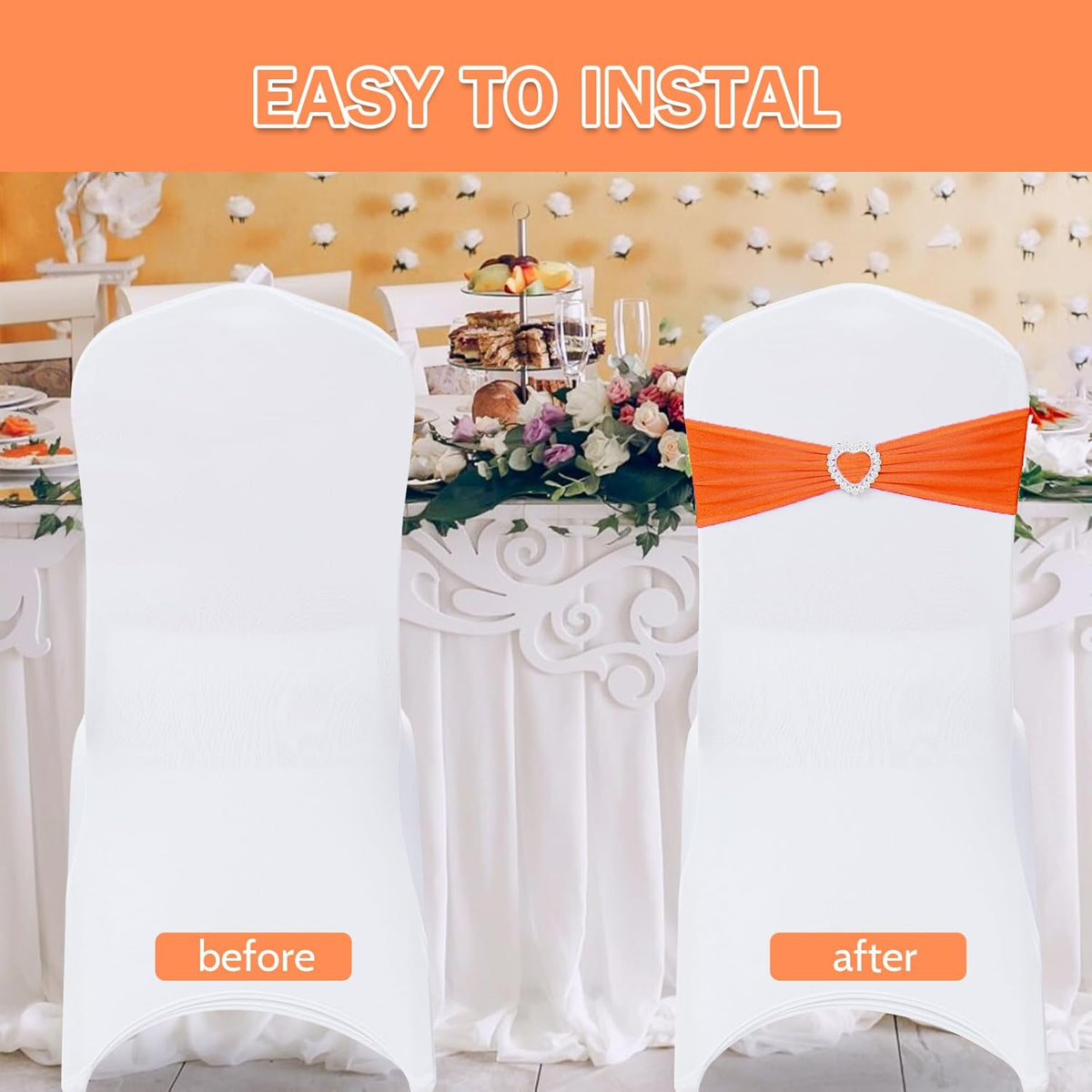 Howhic Pack of 120 Spandex Chair Sashes Bows Stretch Chair Cover Band with Buckle Slider Universal Elastic Chair Ties for Wedding Banquet Party Event Decoration (Orange)
