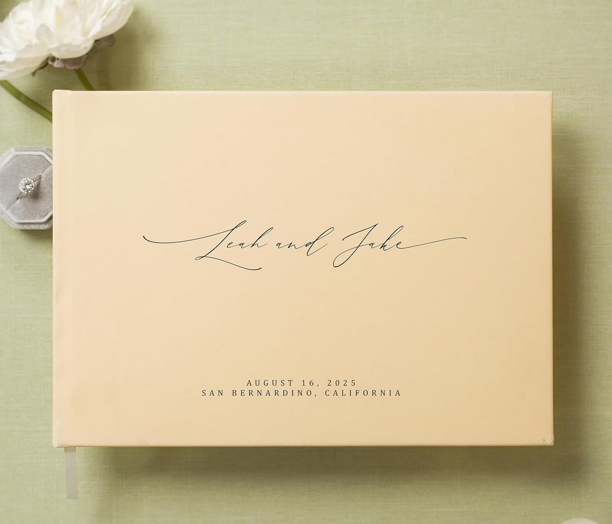 MUUJEE Personalized Guestbook in Butter - Premium Custom Modern Guest Book for Wedding Reception, Birthday Party or Events w/Bookmark Blank Pages for Signing 11.5 x 8.5 inches