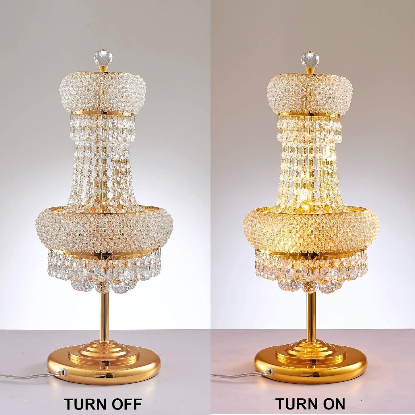6-Lights Golden Finish Classic Empire Style K9 Crystal Ball Bedside Desk Table Lamp Night Light Fixture for Living Room Dining Room Bedroom Office Home Table Decoration (W 10 × H 22 inch)