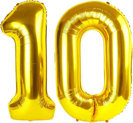 Gold Mylar Number 10 Balloon 40 inch, Number 10 Birthday Balloon for Boy Girl, Gold Foil Balloon for 10 Ten Birthday Party, Anniversary Celebration Number Balloons Decorations