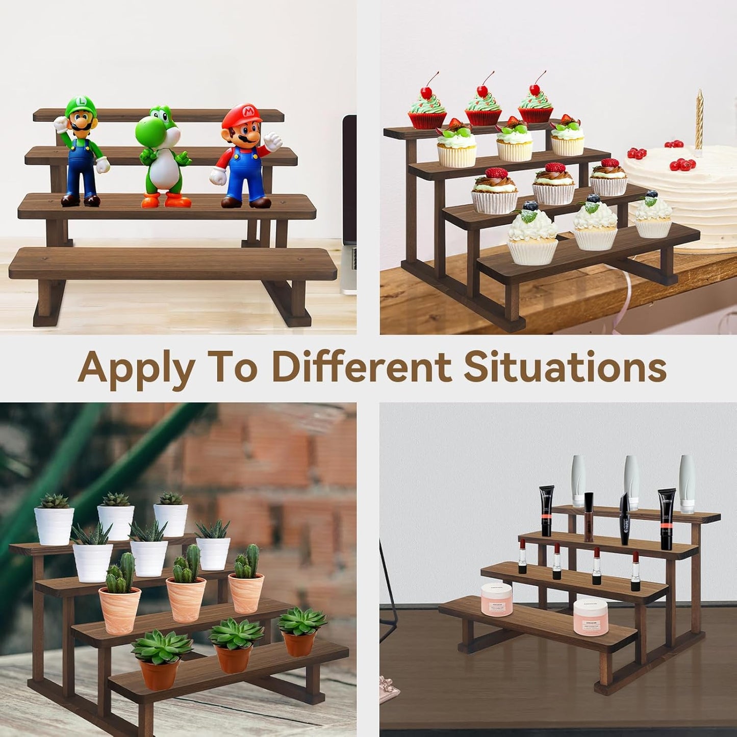 4 Tier Wooden Display Riser Stand, Cupcake Display Shelf Tabletop Spice Rack for Party, Kitchen, Perfume, Fragrance, Vendors event